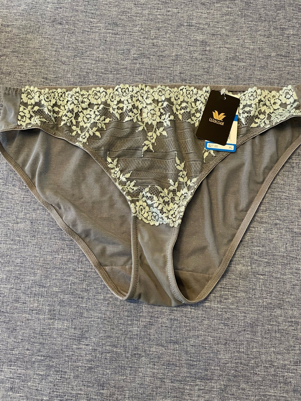 Wacoal Gray Lace-Trim Briefs with Pale Green Lace Floral Accents